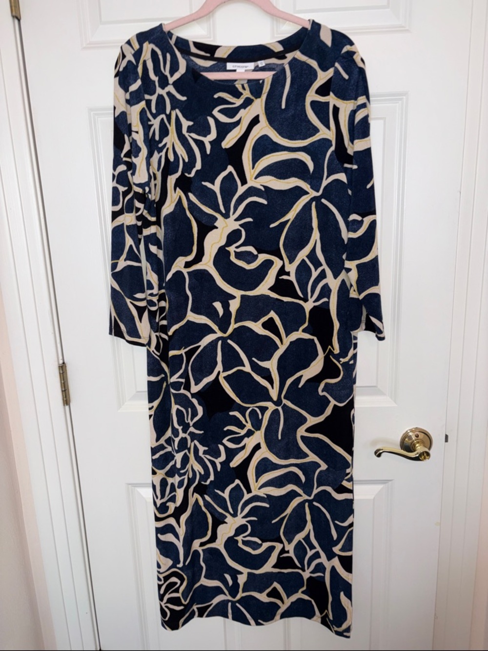 Chico's Navy and Cream Long-Sleeve Floral Shift Dress
